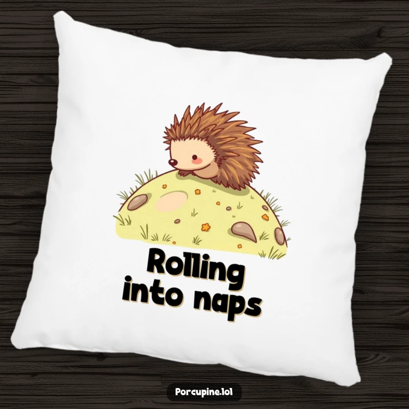 Funny pillow design of a porcupine rolling down a hill, perfect for adding a touch of whimsical humor to any room.