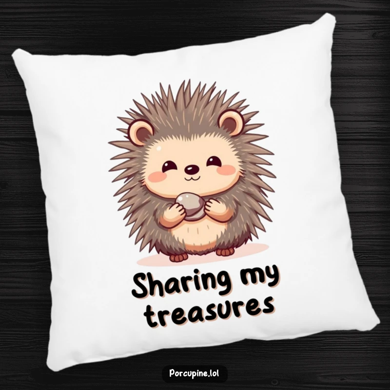 Funny pillow showing a shy porcupine with a sweet smile, offering a small, shiny pebble for a cozy touch.