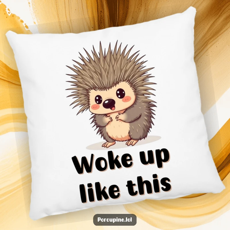 Funny pillow featuring a porcupine comically tangled in its own quills, looking surprised, offering comfort and a humorous touch.