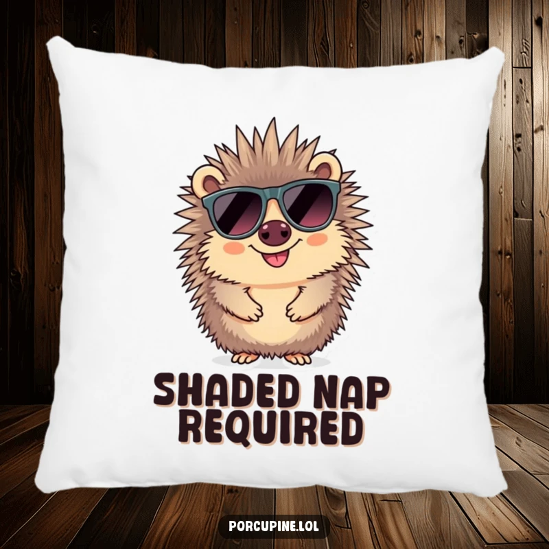 Funny sunglasses porcupine pillow featuring a smiling porcupine wearing oversized sunglasses, offering comfort and a touch of cool.