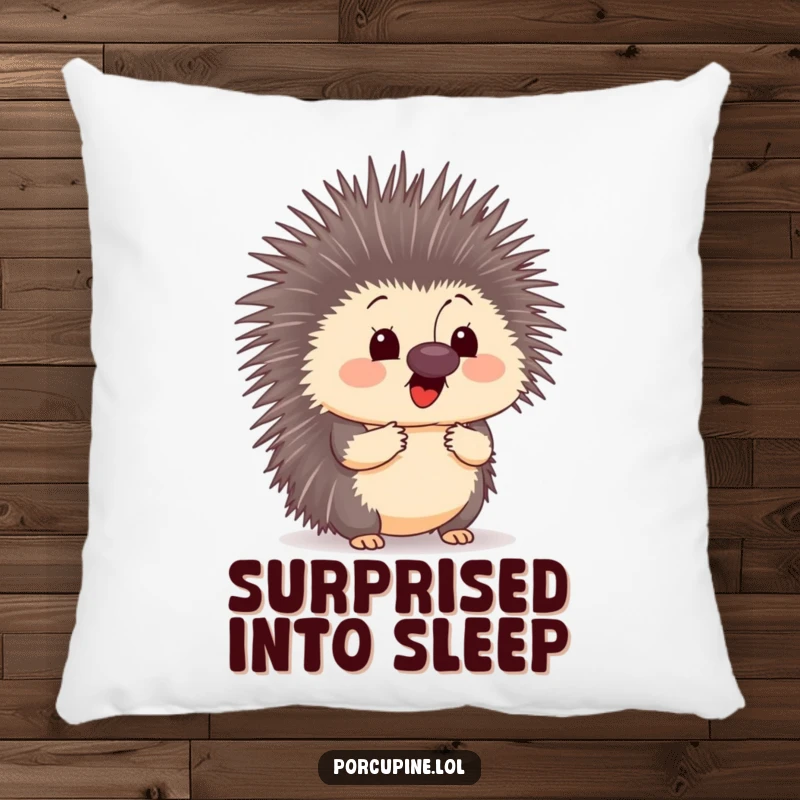 Funny pillow design of a porcupine with a surprised expression as a butterfly lands on its nose, perfect for whimsical decor.