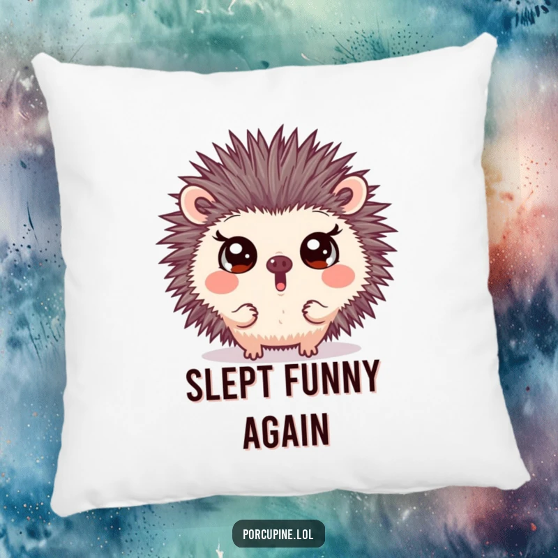 Funny pillow with a porcupine making a surprising face and wide eyes, offering cozy comfort and a delightful dose of humorous shock.