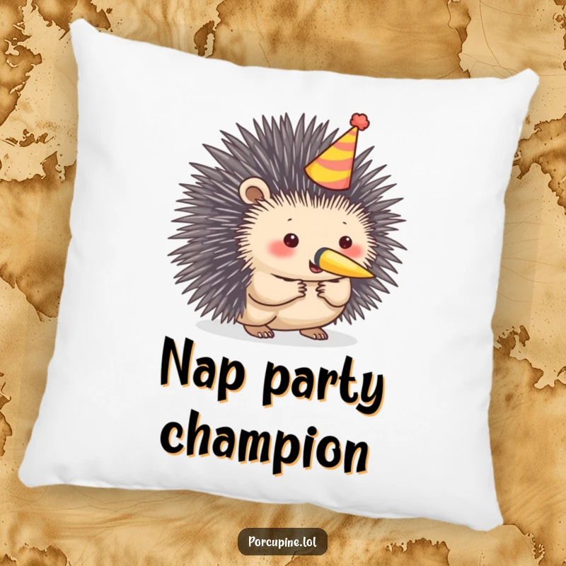 Funny porcupine pillow featuring a cute porcupine in a party hat blowing a horn, perfect for festive, cozy decor.