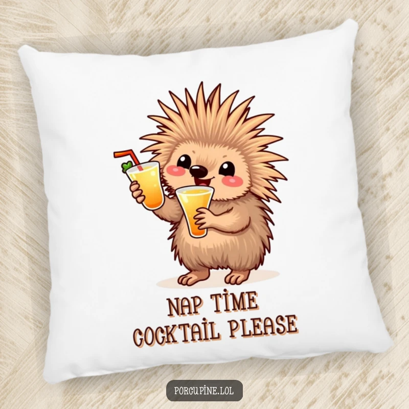 Funny cocktail porcupine pillow featuring a cheerful porcupine holding a drink and waving, offering comfort and humorous party vibes.