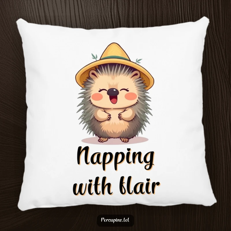 Funny pillow showcasing a porcupine with a straw hat on its head, giggling, perfect for adding a whimsical touch to any room.