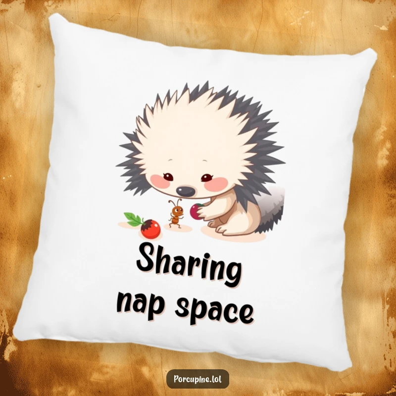 Funny pillow design of a porcupine sharing a berry with a tiny ant, perfect for adding cozy charm and a message of kindness.