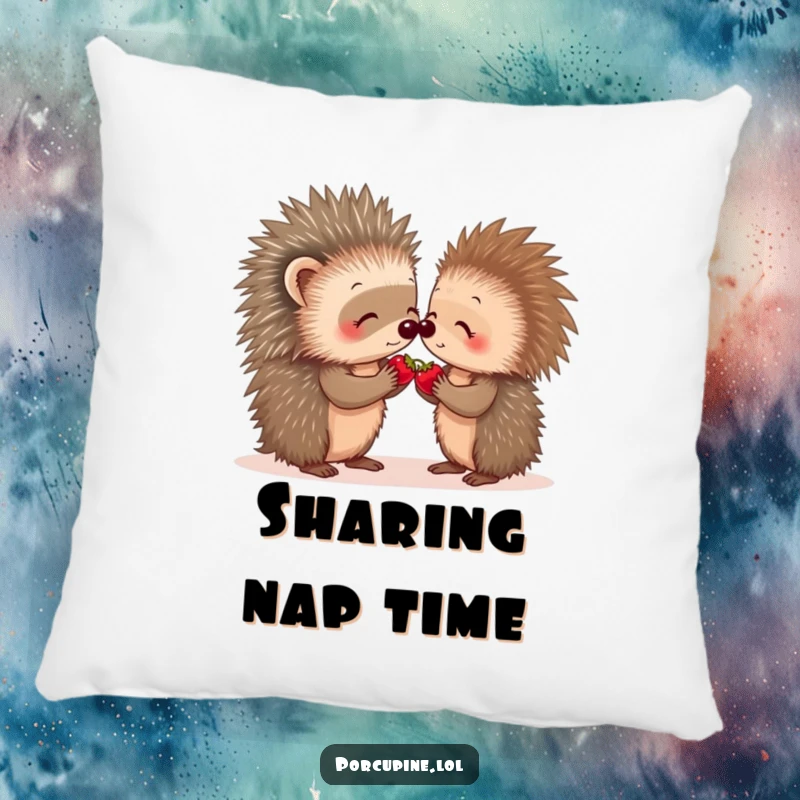 Funny porcupine berry share pillow showing two porcupines sharing a tiny berry, offering comfort and a reminder of kindness.
