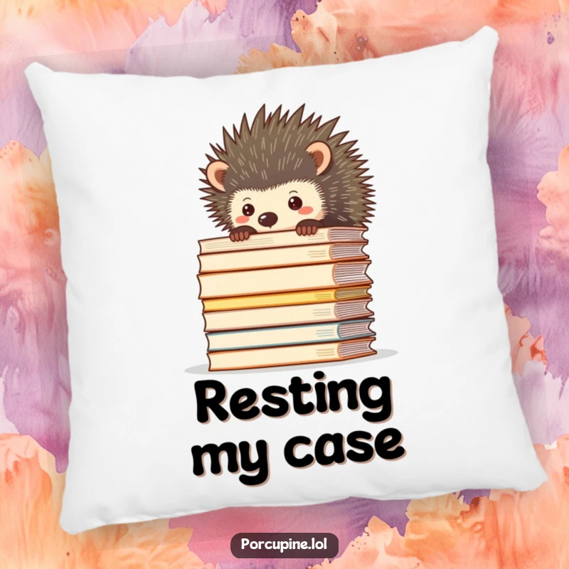 Funny pillow illustration of a porcupine peeking over a daunting stack of files, offering humorous comfort and relatability.