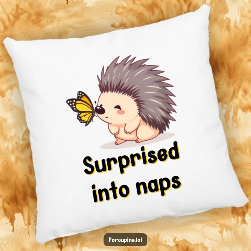 Funny porcupine pillow featuring a porcupine looking surprised by a butterfly landing, perfect for cozy, humorous decor.