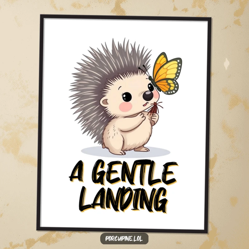 Funny digital art print of a porcupine looking intrigued as a butterfly lands delicately on its quill.