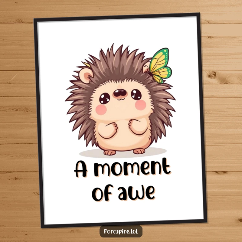 Funny Kawaii Porcupine Digital Art Print: A wide-eyed porcupine mesmerized by a butterfly, capturing innocent wonder and prickly charm.