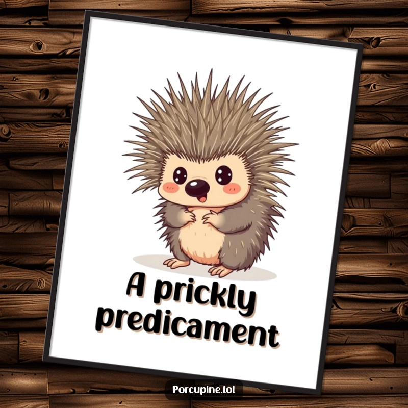 Funny digital art print of a porcupine comically tangled in its own quills, looking surprised, creating a humorous atmosphere.