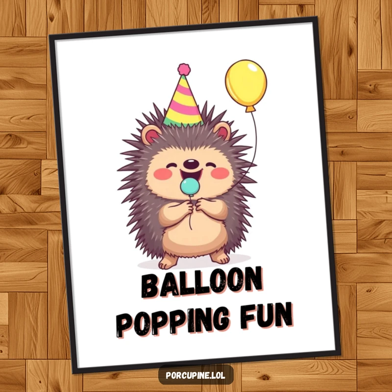 Funny porcupine digital art print of a porcupine in a party hat joyfully popping a balloon.