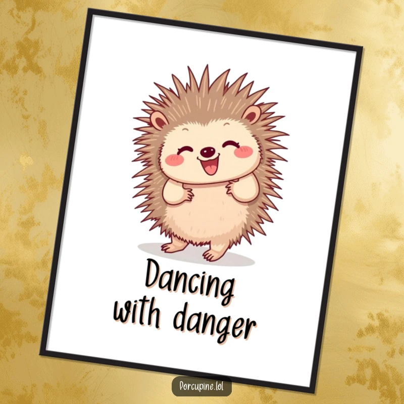 Funny digital art print of a porcupine doing a happy dance with wiggling quills, ready to instantly add energetic humor and charm to any space.