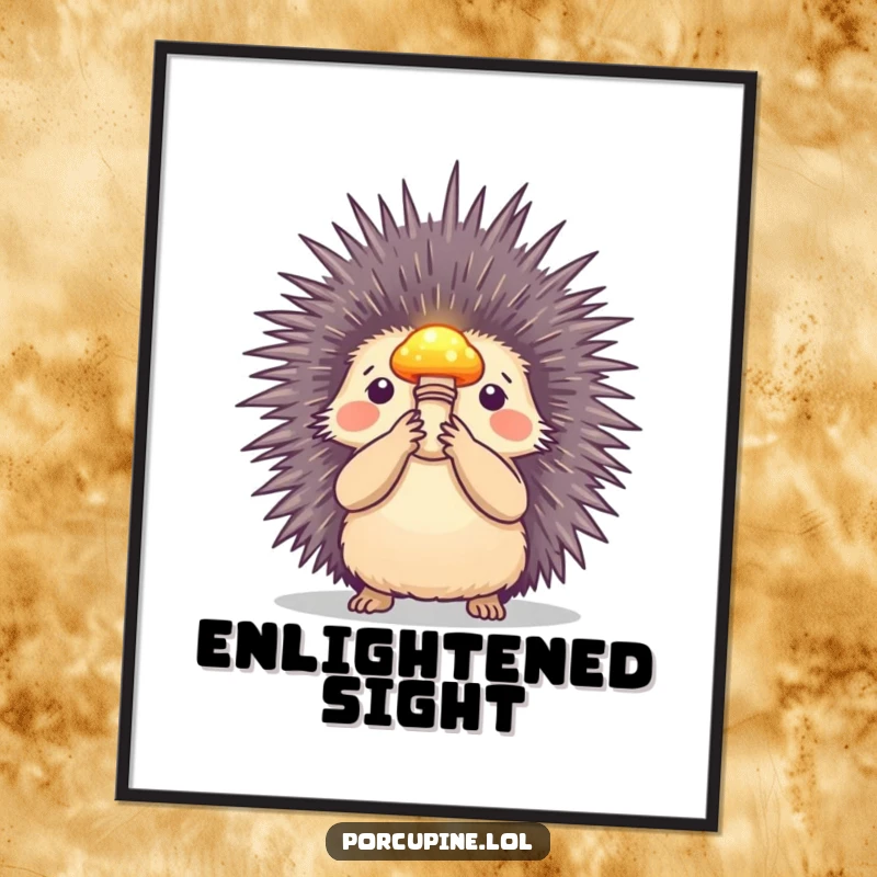 Funny digital art print of a porcupine holding a small, glowing mushroom, offering instant enchanting charm and a magical vibe.