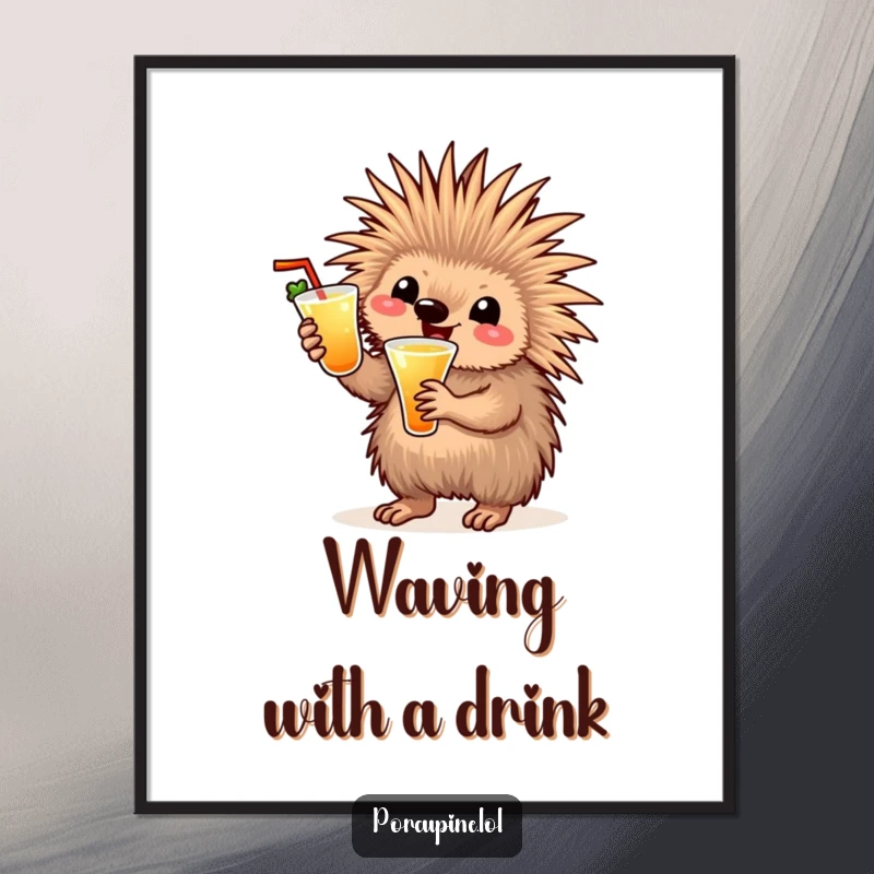 Funny cocktail porcupine digital art print showing a joyful porcupine with a drink, waving enthusiastically, ideal for adding party flair.