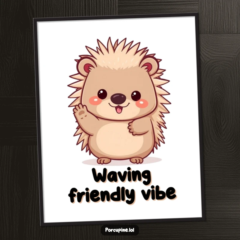 Funny digital art print of a cheerful kawaii porcupine waving its paw, a humorous and welcoming decoration.