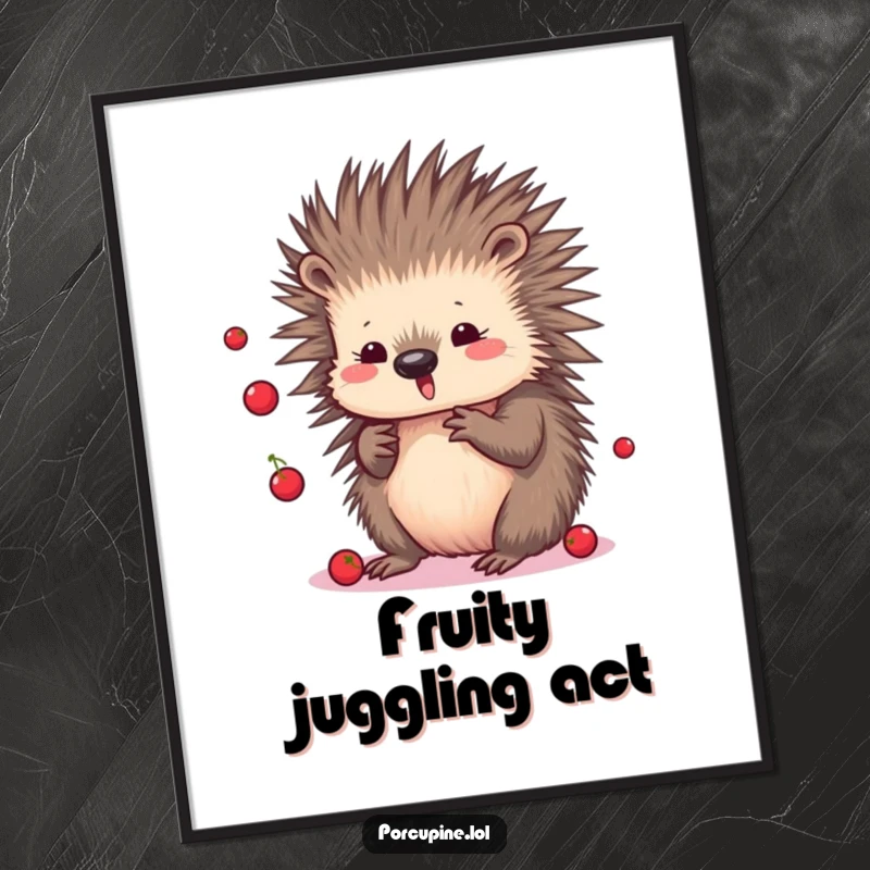 Funny Kawaii Porcupine Digital Art Print: Cute cartoon porcupine juggling small berries, a fun and charming illustration for wall art.