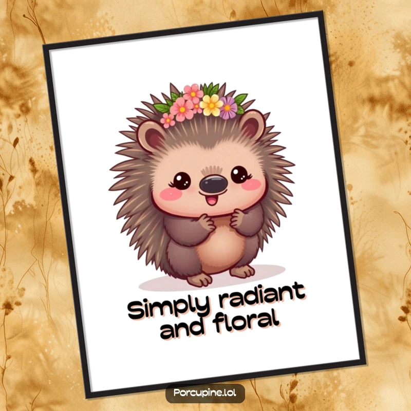 Funny Kawaii Porcupine Digital Art Print: A pleased porcupine crowned with flowers, radiating gentle charm and prickly elegance.