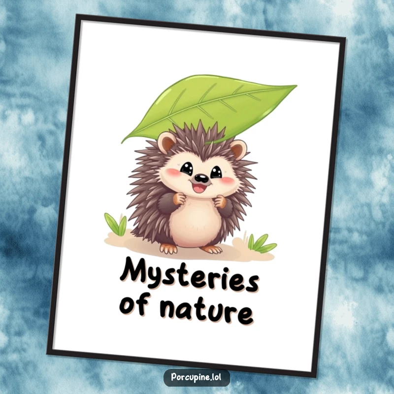 Funny digital art print of a porcupine peeking from behind a leaf with a grin, ready to instantly add playful humor and charm to any space.