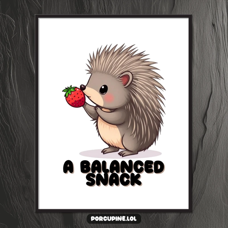 Funny digital art print of a porcupine with perfect balance, holding a berry on the tip of its quill.