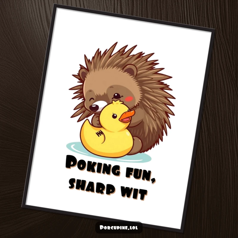 Funny digital art print of a porcupine playfully poking a rubber ducky, perfect for adding a whimsical and humorous touch.