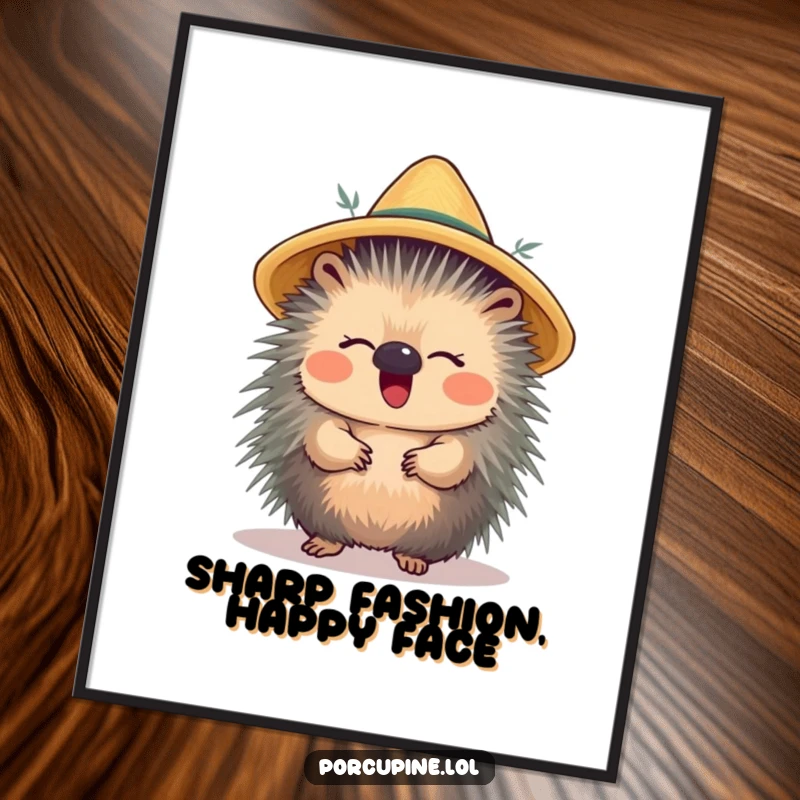 Funny digital art print of a porcupine wearing a straw hat and giggling, perfect for adding a playful and humorous touch.