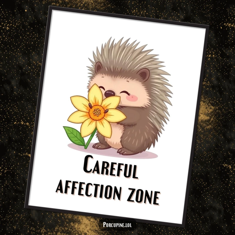 Funny porcupine digital art print of a porcupine with quills retracted, hugging a flower, conveying sweet and humorous affection.