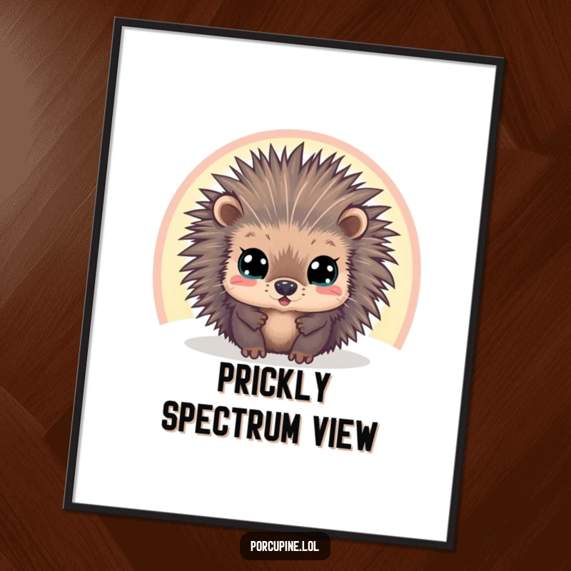 Funny digital art print of a wide-eyed porcupine peeking through a vibrant rainbow, offering whimsical decor and humor for screens.