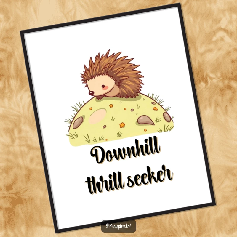 Funny digital art print of a porcupine gleefully rolling down a hill, offering instant humor and charm for your walls.