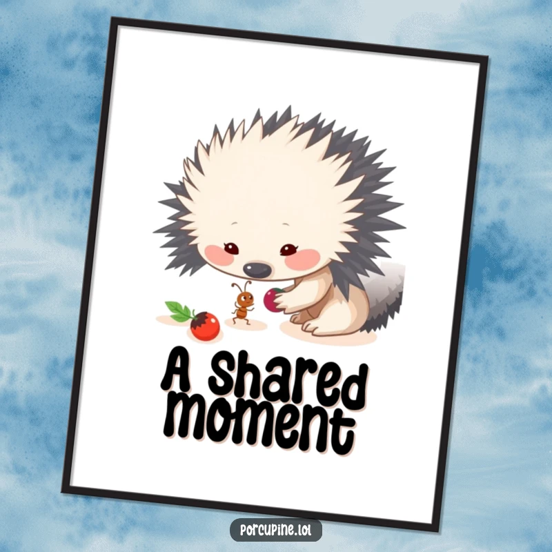 Funny digital art print showing a porcupine sharing a berry with a tiny ant, perfect for decor celebrating kindness and friendship.
