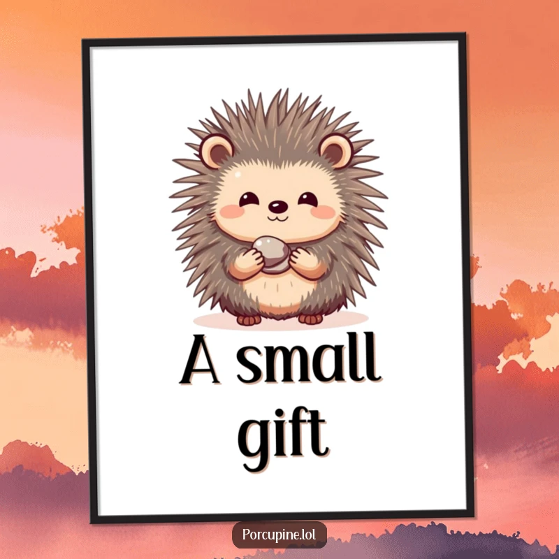 Funny digital art print of a shy porcupine with a sweet smile, offering a small, shiny pebble as a gift.