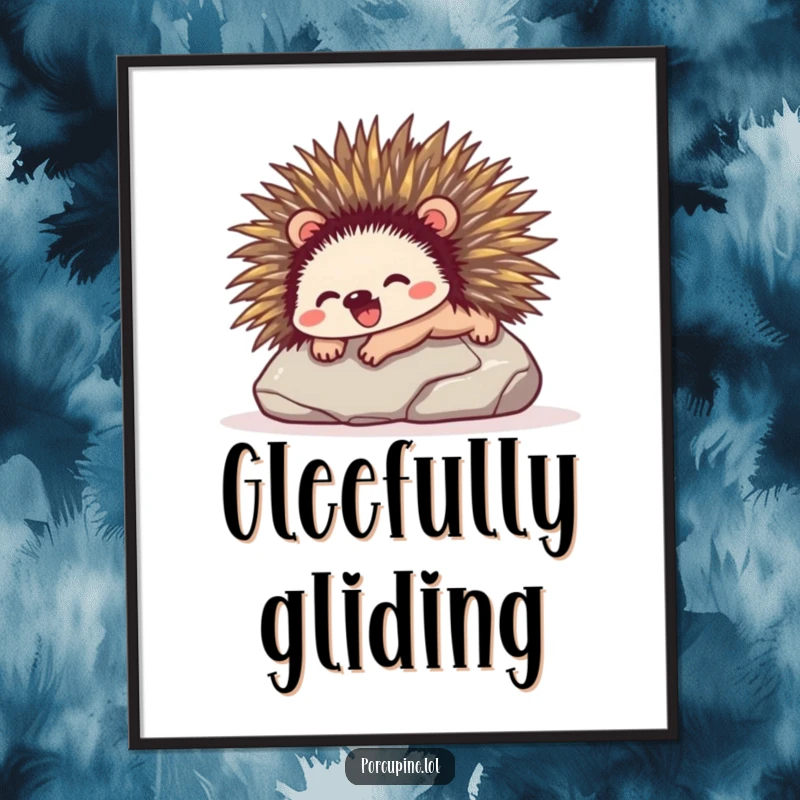 Funny digital art print of a porcupine sliding down a smooth stone with extreme glee, radiating happiness and a lively spirit.