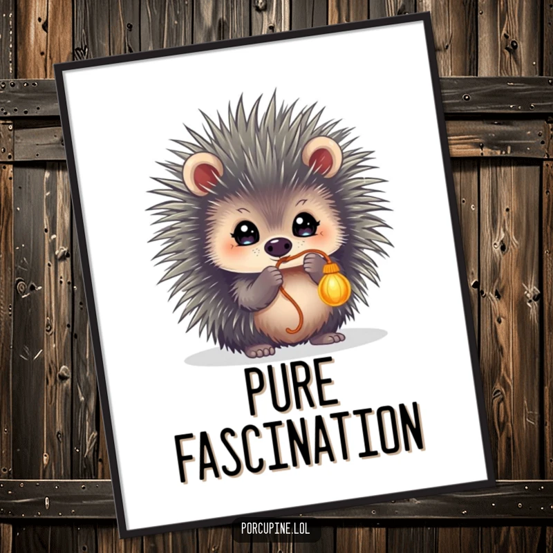 Funny digital art print of a porcupine with sparkling eyes, energetically batting at a dangling string, creating a playful atmosphere.