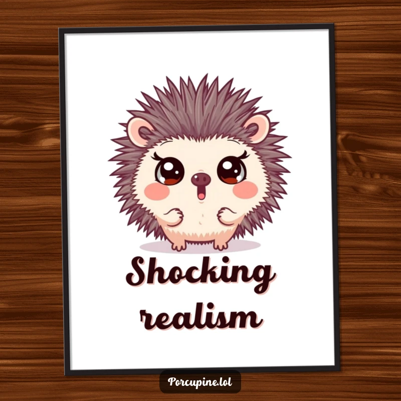 Funny digital art print of a porcupine making a surprising face with wide eyes, ready to instantly add comical shock and humorous charm to any space.