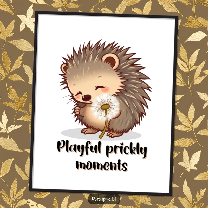 Funny porcupine digital art print of a porcupine playfully poking a rolling dandelion puff, capturing lighthearted and whimsical fun.