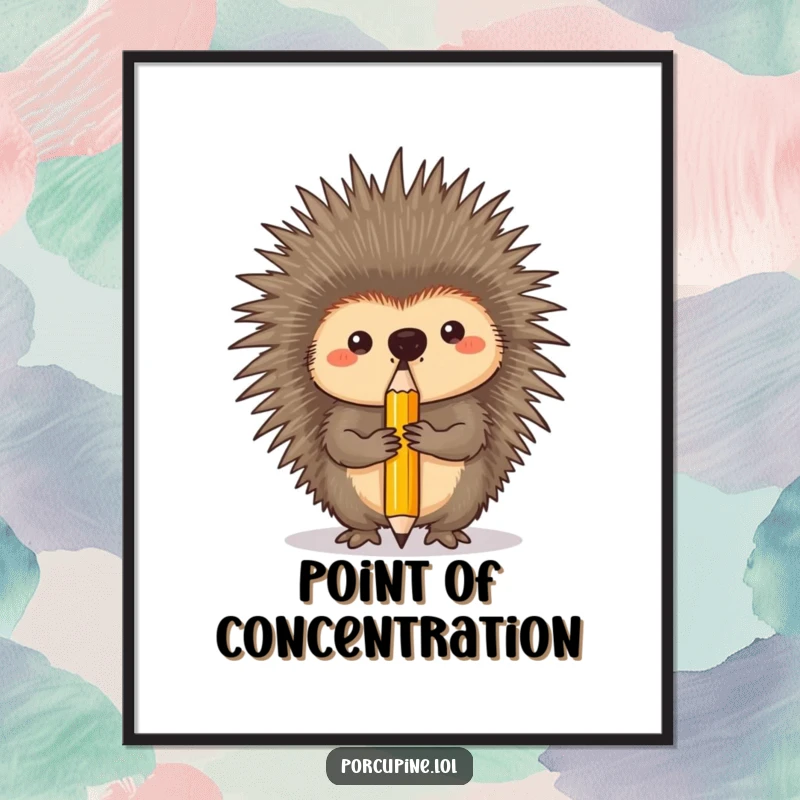Funny digital art print of a porcupine with intense concentration, perfectly balancing a pencil on its nose, capturing humor.
