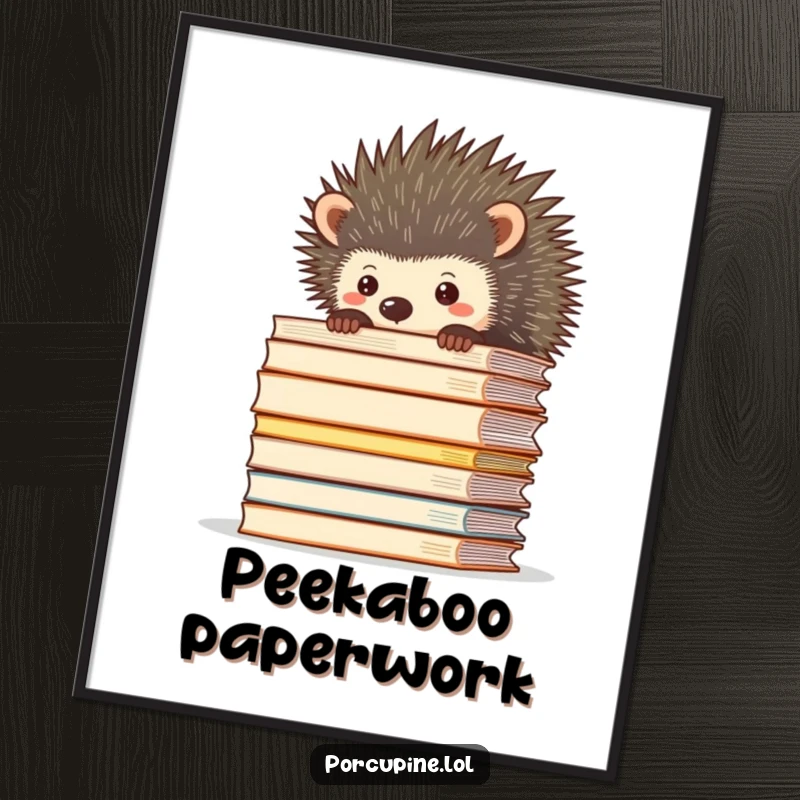 Funny digital art print of a porcupine peeking over a huge stack of files, a relatable piece for any workspace.