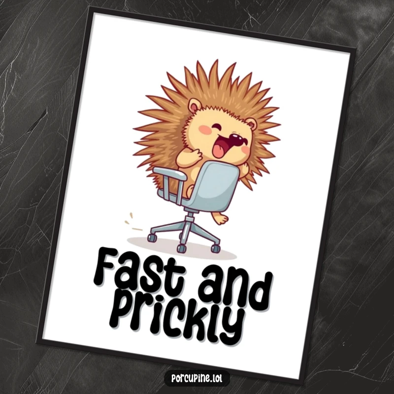 Funny porcupine digital art print of a porcupine excitedly riding a runaway rolling office chair.