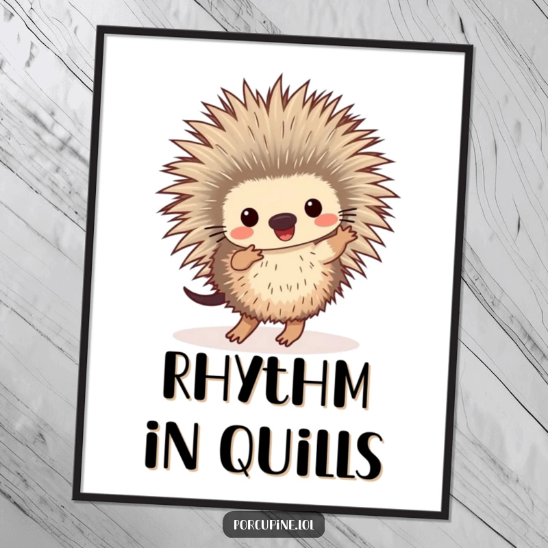Funny digital art print of a porcupine dancing with its feet tapping energetically, capturing a moment of pure, prickly joy.
