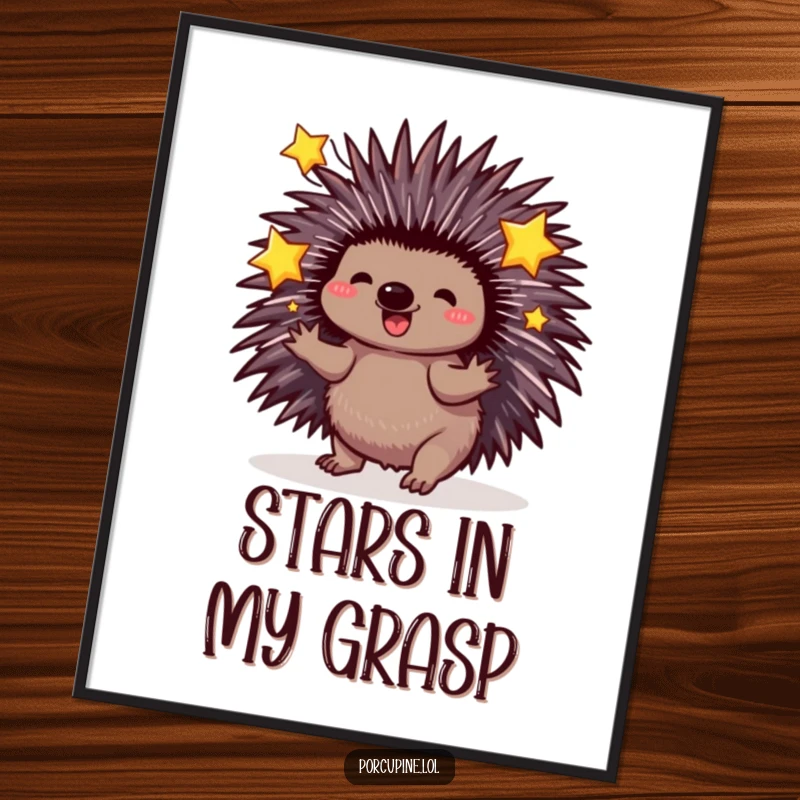 Funny Porcupine Digital Art: A porcupine with quills extended playfully juggles three sparkling stars, creating a funny, cosmic scene.