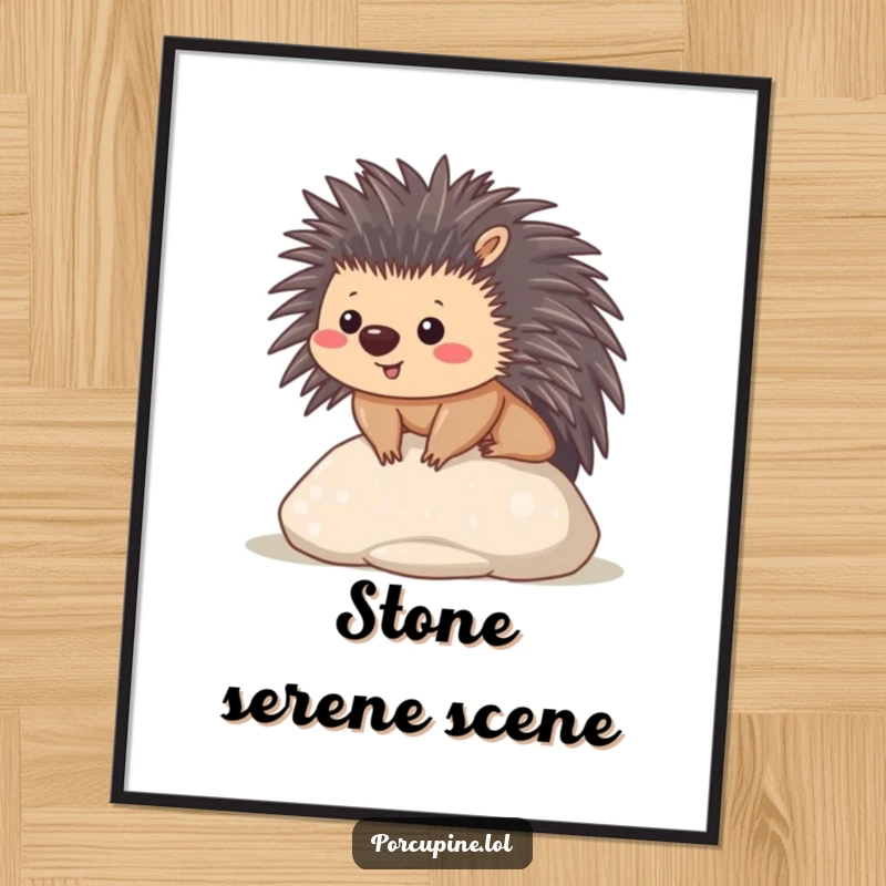 Funny digital art print of a content kawaii porcupine sitting on a smooth stone, a humorous and calming decoration.