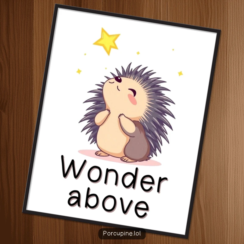 Funny wondering porcupine digital art print of a porcupine looking at a shining star with wonder, ready to bring instant magic home.