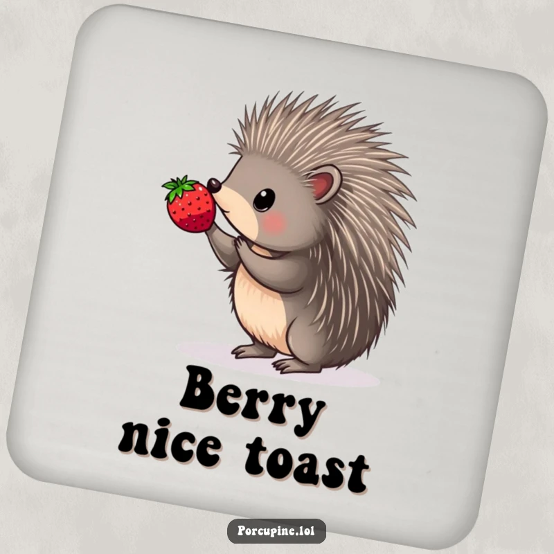 Funny drink coaster with a porcupine balancing a berry on a quill tip, adding humor and protection.