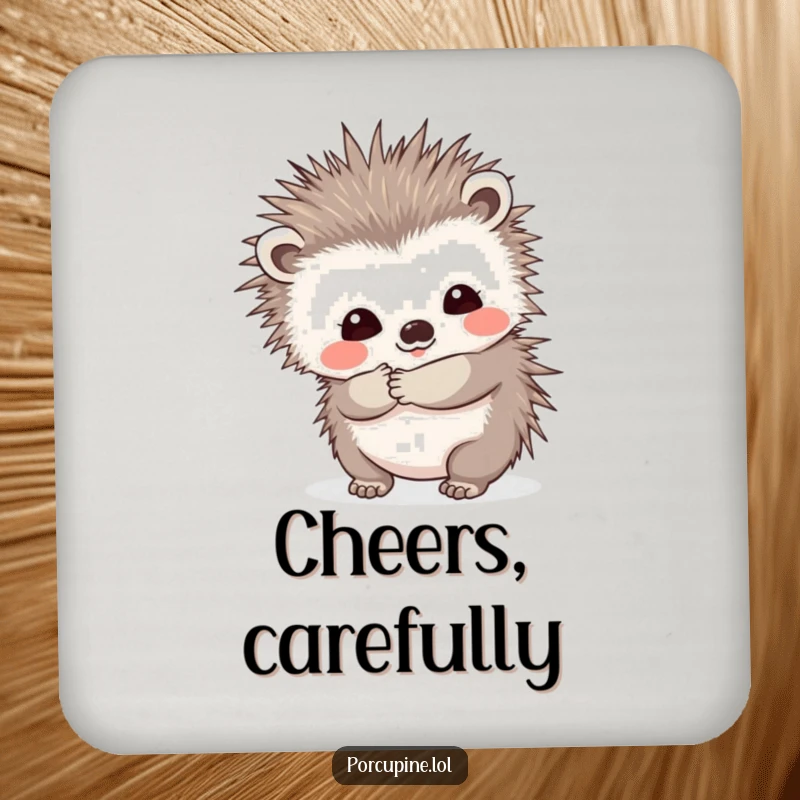 Funny drink coaster featuring a porcupine offering a prickly hug with a shy smile, adding playful humor and protecting surfaces with charm.