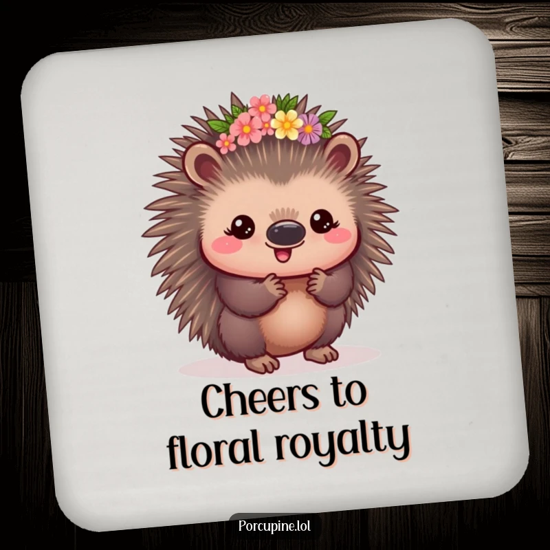 Funny Kawaii Porcupine Coasters: A pleased porcupine adorned with a flower crown, offering surface protection with prickly charm and floral elegance.