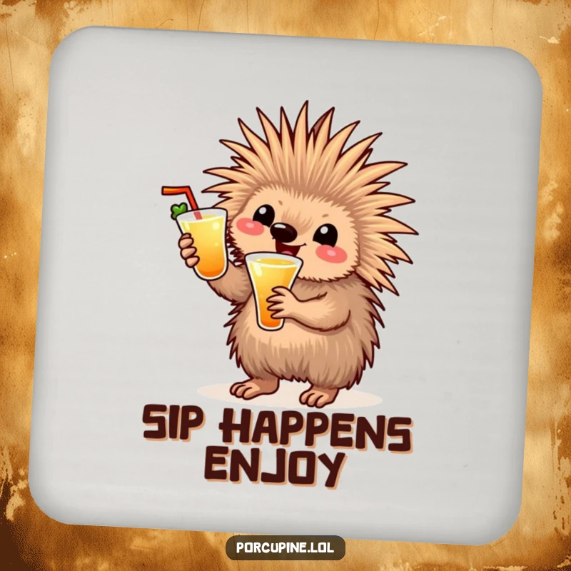 Funny cocktail porcupine coaster with a happy porcupine holding a drink and waving, protecting surfaces with a humorous design.