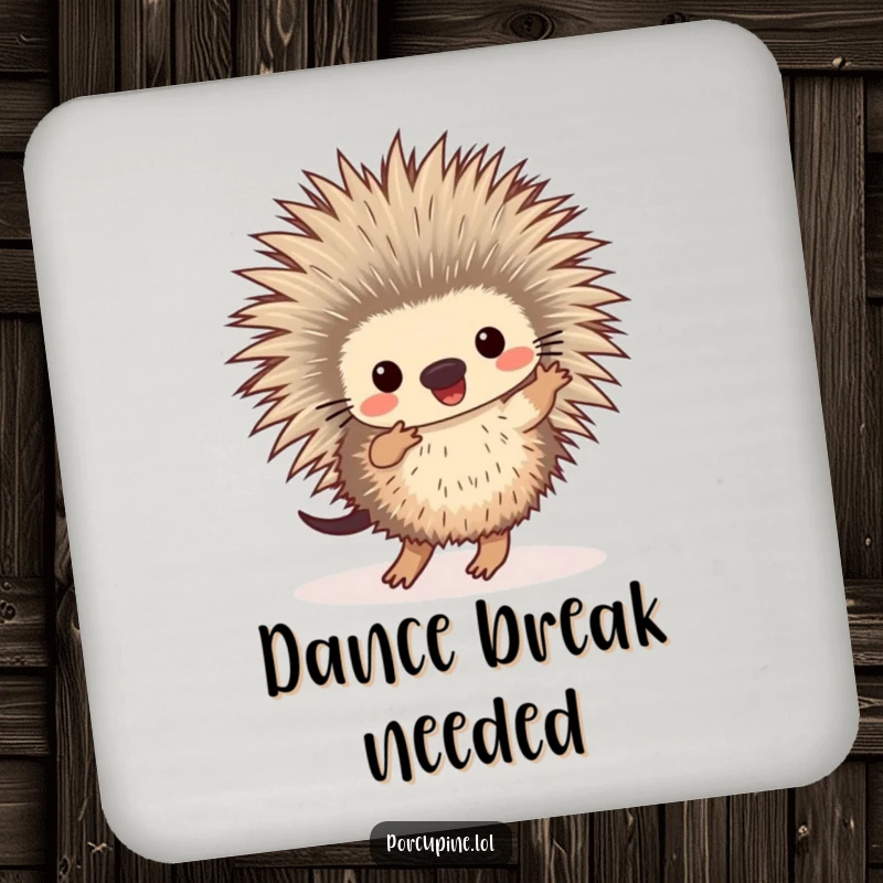 Funny drink coaster featuring a porcupine dancing with its feet tapping rhythmically, adding a touch of humor to any surface.