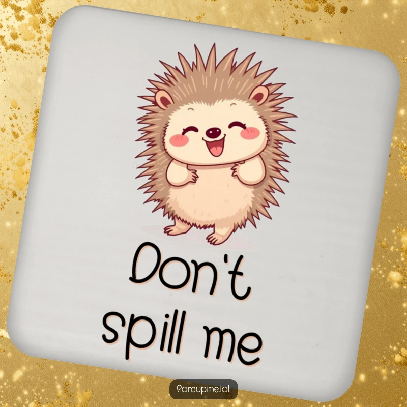 Funny drink coaster with a porcupine doing a happy dance and wiggling quills, adding a touch of humorous rhythm and protecting surfaces.