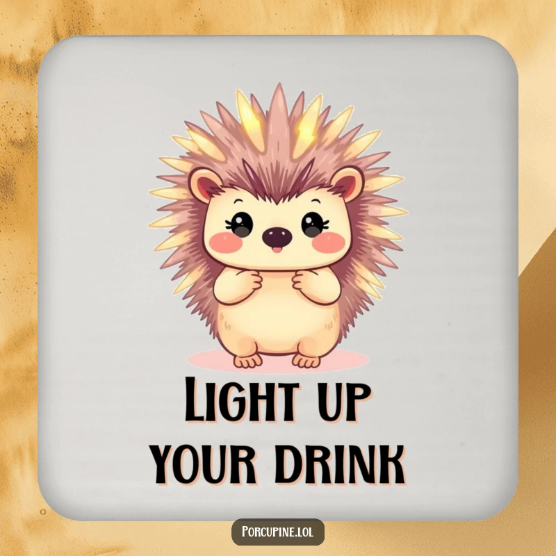 Funny drink coaster illustration of a porcupine with subtly glowing quills, adding a touch of magical humor to your home.